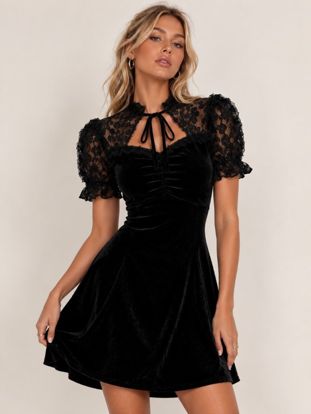 Scarlet Darkness Velvet Tie Neck Ruched Puff Sleeve Mini Dress 54897